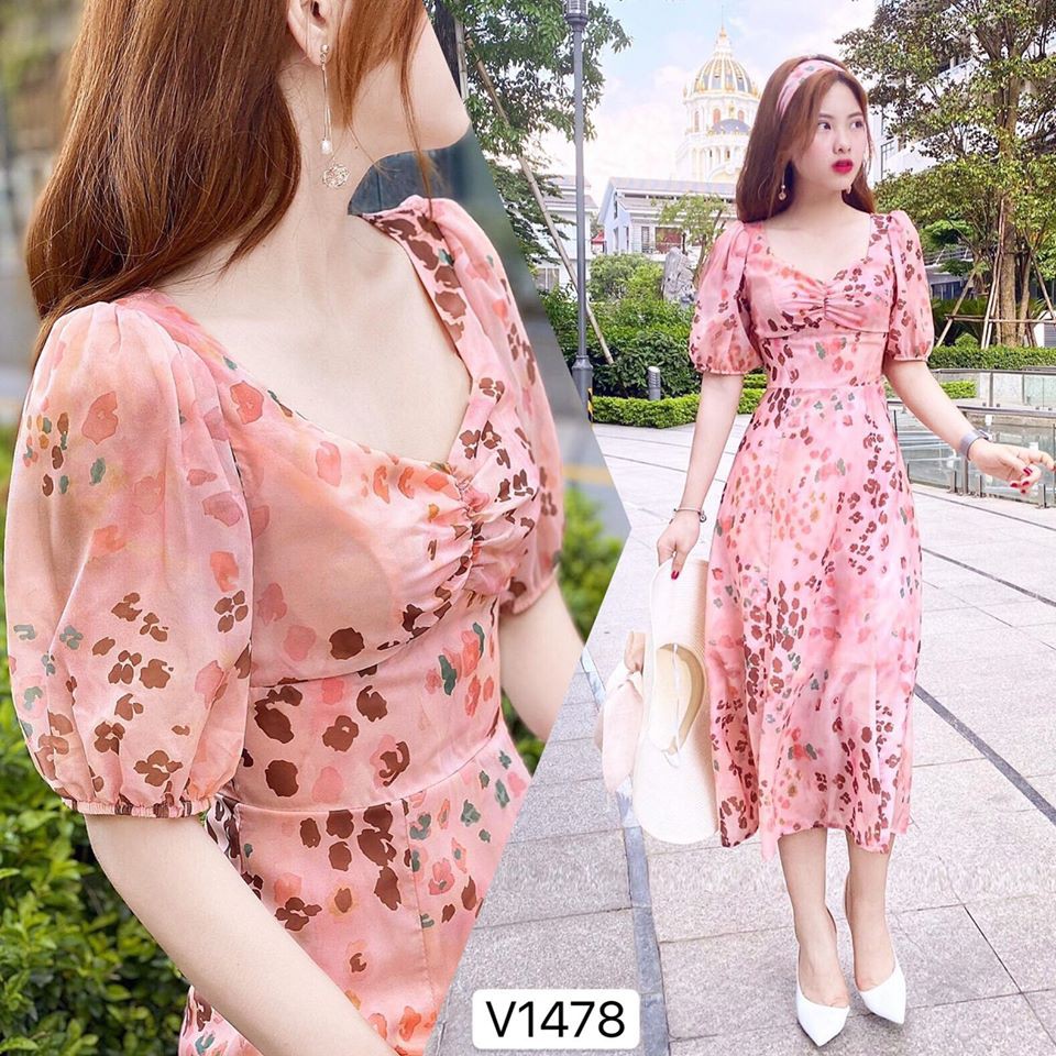 Váy hồng xòe họa tiết V1478 cao cấp ( tặng kèm turba) - DVC phân phối chính thức (kèm ảnh thật shop tự chụp)