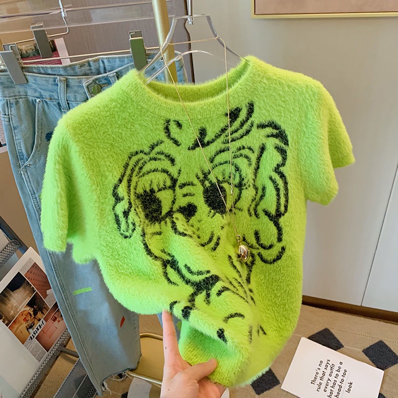 Áo Sweater Dệt Kim Tay Ngắn In Hoạt Hình Cún Kiểu Hàn Quốc Thời Trang Mùa Xuân Cho Nữ