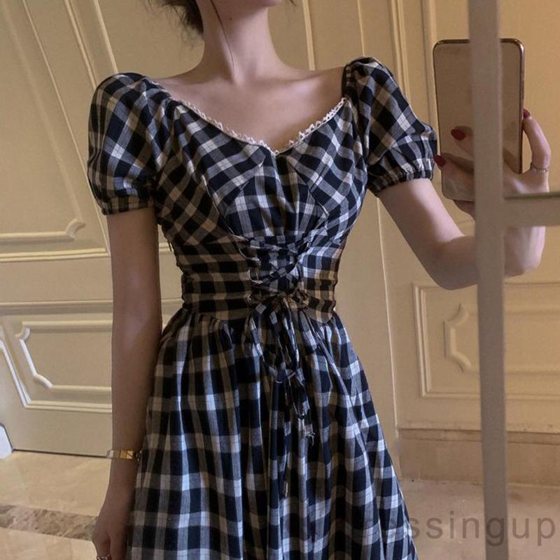 Đầm Nữ Ngắn Tay Cổ Chữ V Họa Tiết Sọc Ca Rô Thời Trang