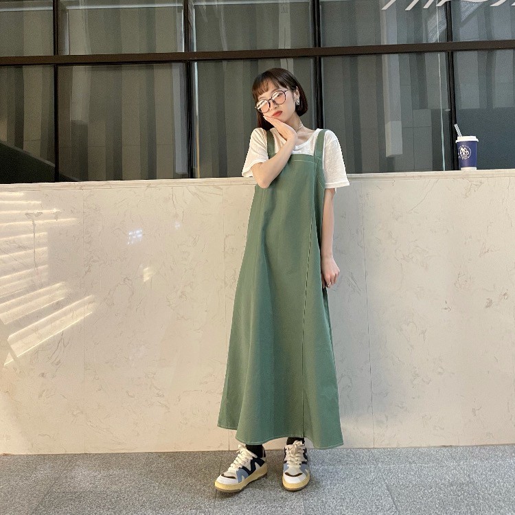 Bộ Áo Thun Dáng Rộng Phối Ren + Đầm Yếm Kiểu Hàn Quốc Dễ Thương Cho Bé Gái