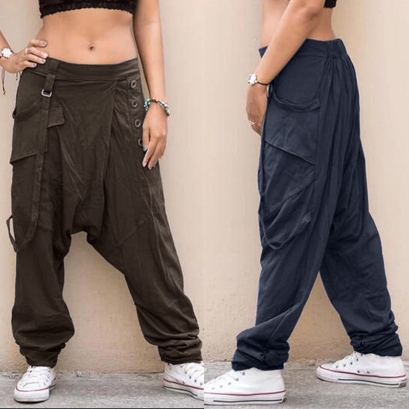 *Women Baggy Solid Color Casual Elastic Waist Trousers*