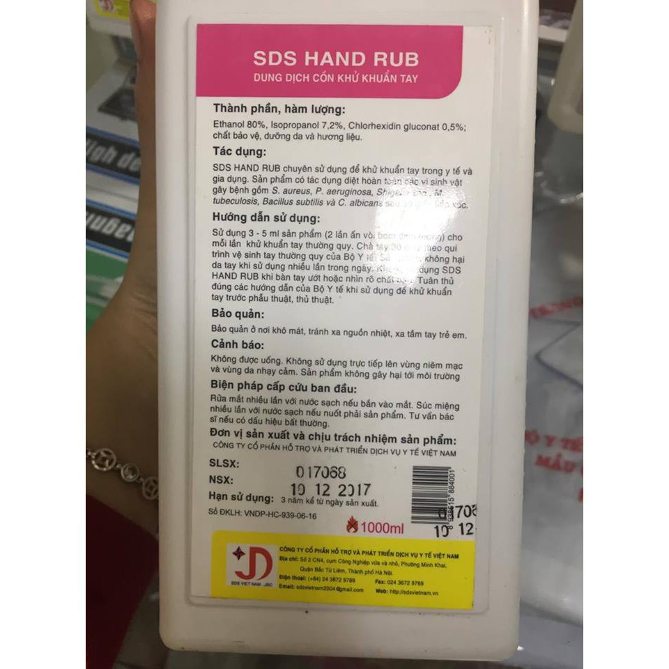 Dung dịch cồn khử khuẩn tay SDS/Dung dịch rửa tay nhanh SDS 500ml