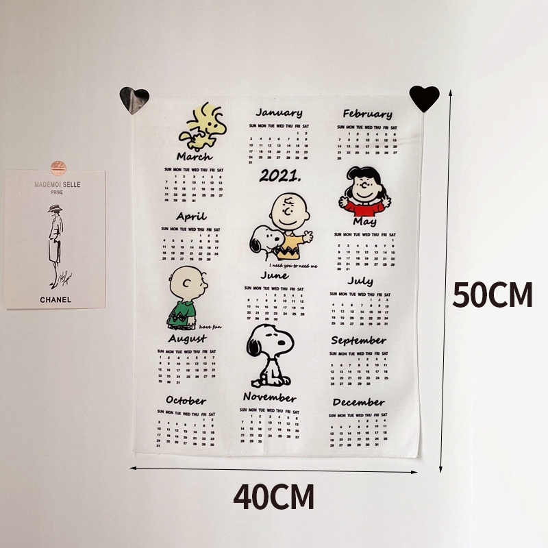 Tấm vải treo tường trang trí họa tiết lịch 2021 Snoopy hoạt hình đáng yêu tiện lợi cho phòng ngủ