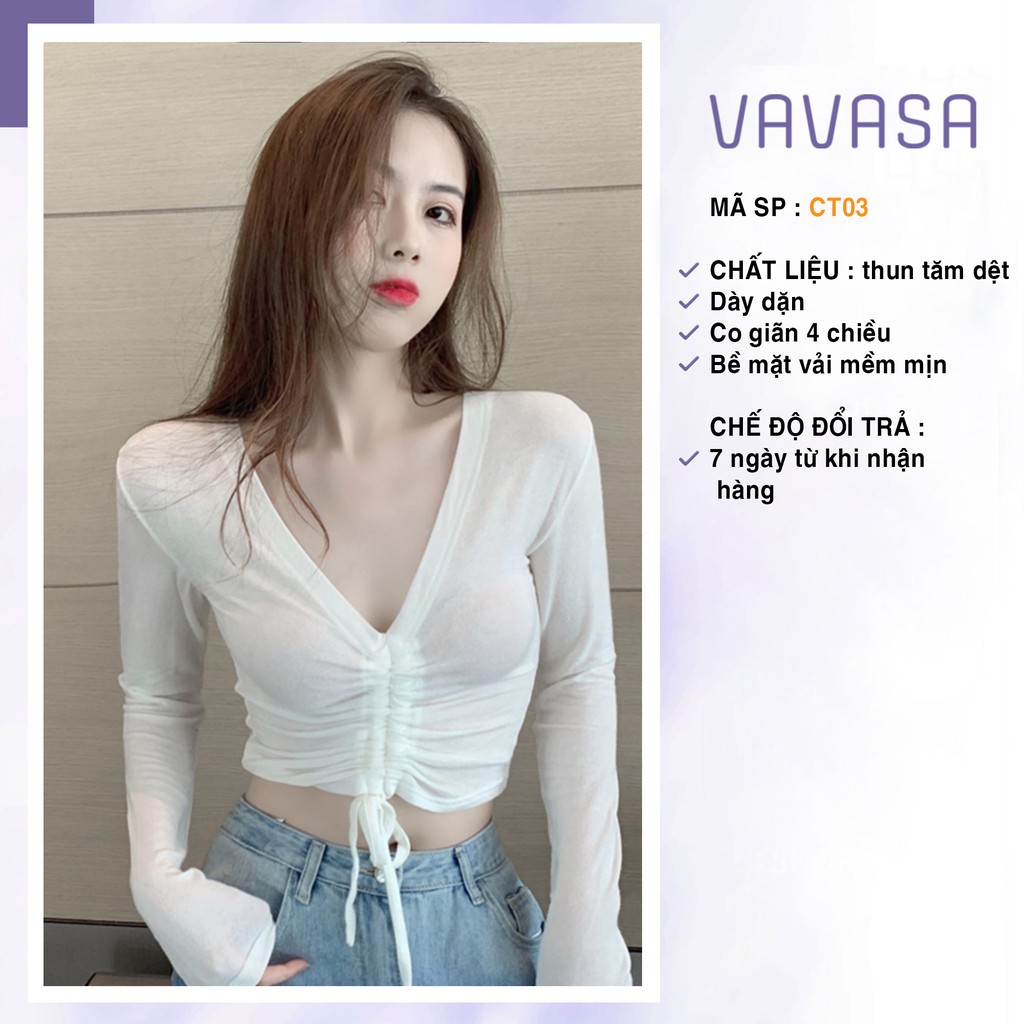 Áo croptop nữ tay dài kiểu ôm rút dây cổ tim bigsize thun body VAVASA CT03 | BigBuy360 - bigbuy360.vn