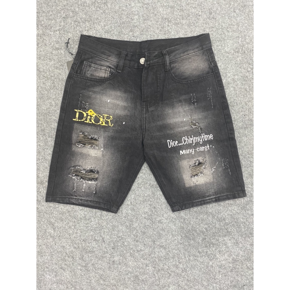 Quần short jean nam đen rách vẩy sơn thêu LOGO chất jean cao cấp sang trọng