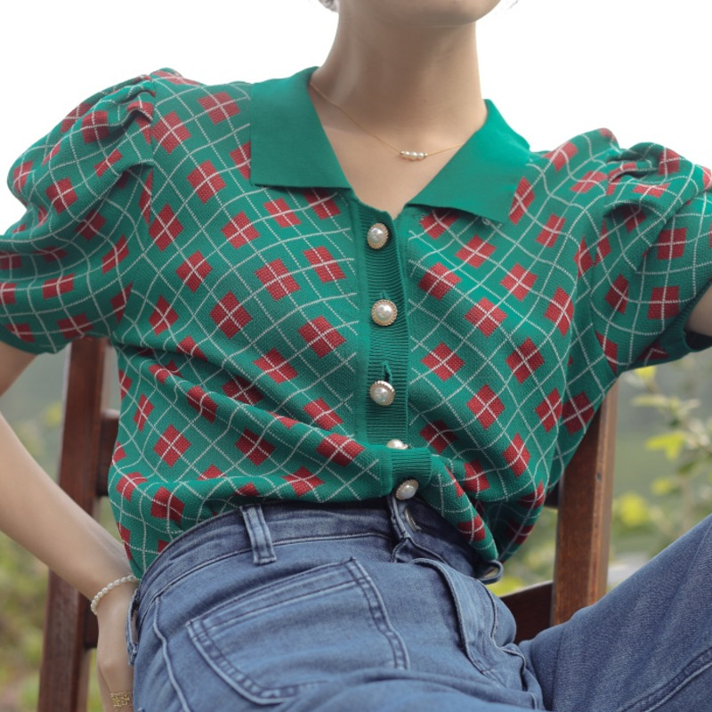 Áo Sweater chui đầu màu sắc hình thoi kiểu Pháp dễ thương 178220Áo cổ bẻ tay phồng chất liệu lụa thời trang mùa hè cho nữ | BigBuy360 - bigbuy360.vn