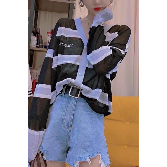 Áo khoác cardigan len mỏng sọc ngang phối màu nổi bật