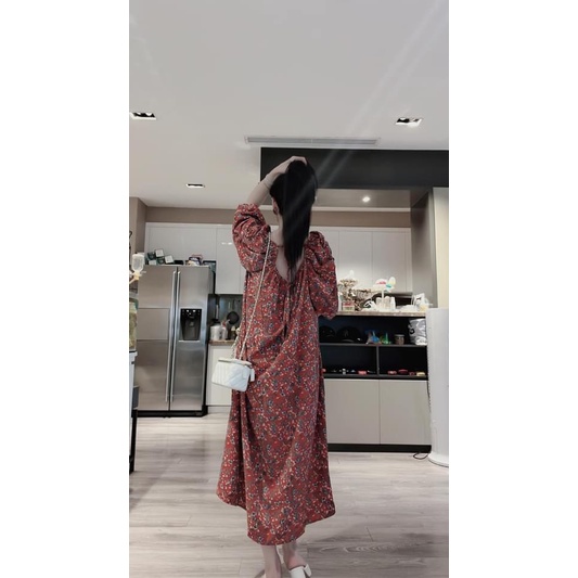 Váy hoa hồng dáng xuông cổ v nơ sau