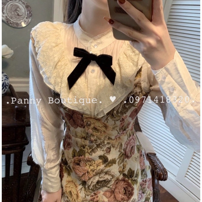 Set đầm yếm hoa kèm áo sơmi+nơ nhung vintage, style ulzzang Hàn Quốc 🌻 Panny Boutique 🌻