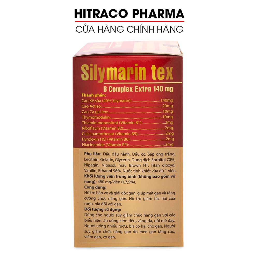 Viên uống Silymarin Tex hỗ trợ giải độc gan, mát gan, tăng cường chức năng gan Hộp 100 viên [Silymarin Tex Đỏ]