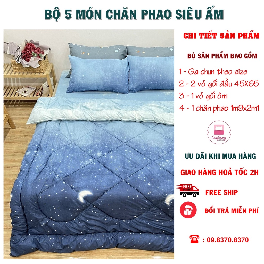 Bộ 5 món Chăn Phao Trần Bông Kèm Ga chun và 2 vỏ Gối Poly Trần Bông Siêu Ấm( M6 / M8 )