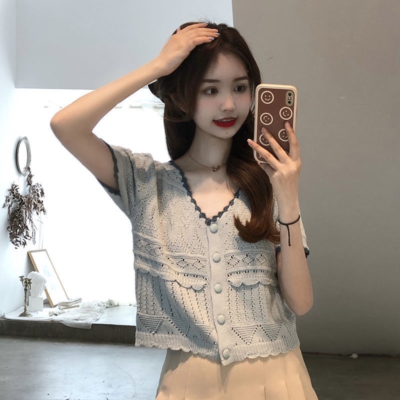 Áo Cardigan Dệt Kim Lụa Lạnh Tay Nửa Cổ Chữ V Thời Trang Mùa Hè Cho Nữ