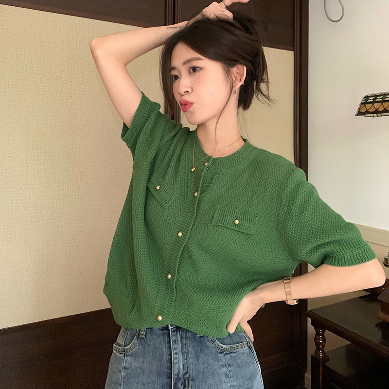 Áo cardigan Tay Ngắn Dáng Rộng Màu Xanh Lá Đậm Phong Cách retro Thời Trang Hàn Quốc