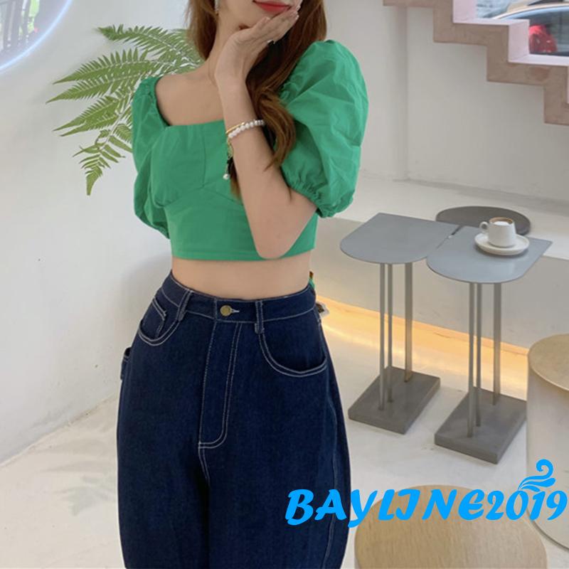 Áo Croptop Tay Phồng Cổ Vuông Hở Lưng Đan Dây Chéo Gợi Cảm Cho Nữ