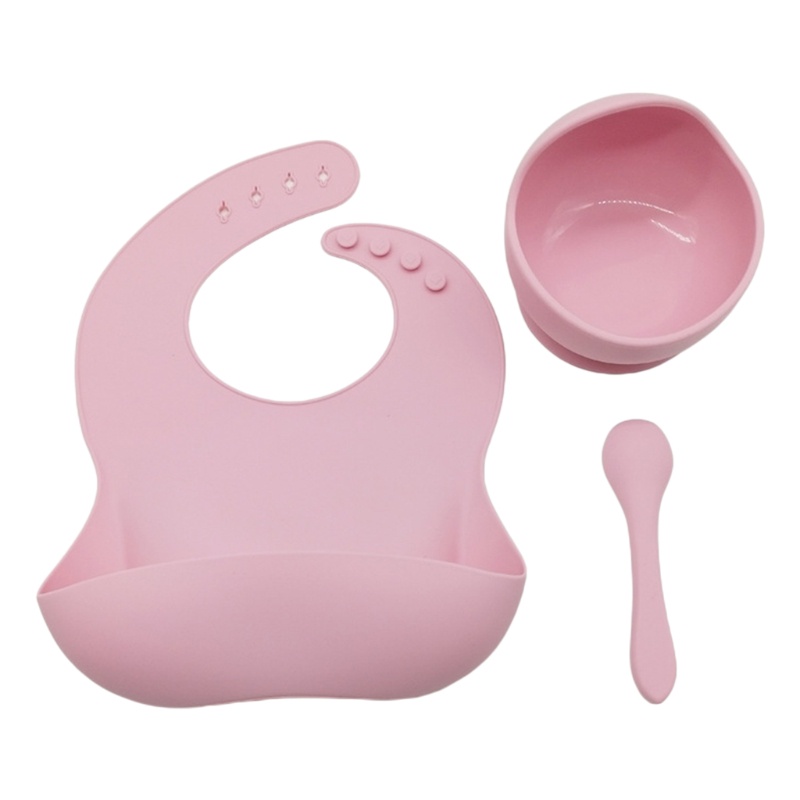 Set 3 Món Gồm Yếm Ăn + Đĩa + Muỗng Bằng Silicone Cấp Thực Phẩm Chống Nước Cho Bé Sơ Sinh
