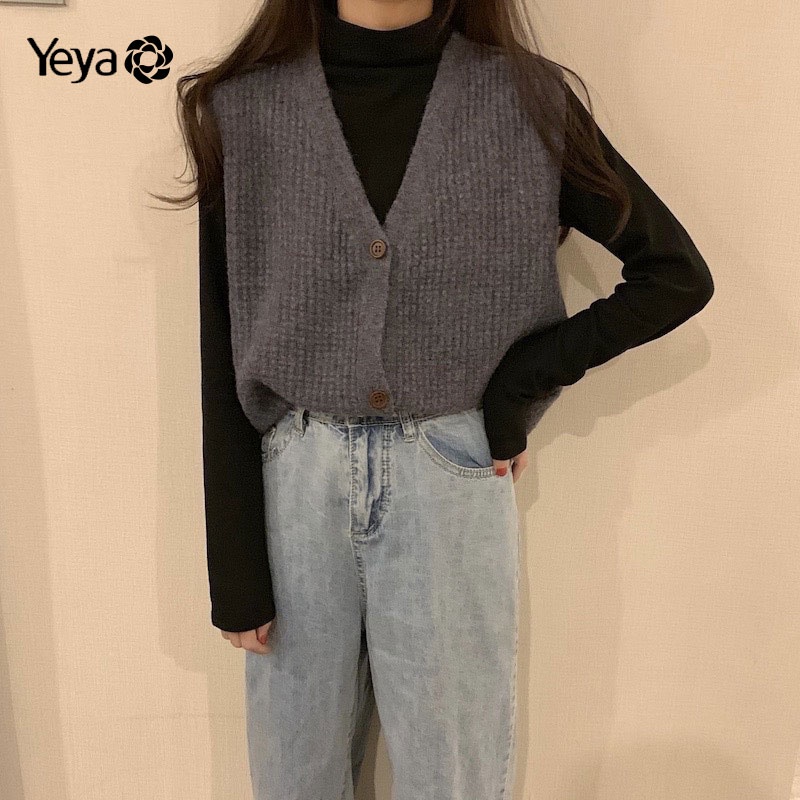 Áo khoác len YEYA không tay cổ chữ v dáng rộng thiết kế mới thời trang dành cho nữ