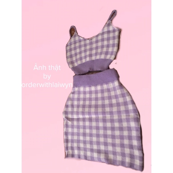 Set chân váy, áo khoác cardigan và áo hai dây len caro Tím