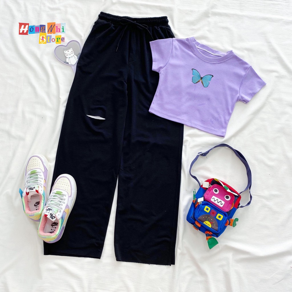 Quần Ống Rộng Rách Gối Màu Đen Lưng Thun Culottes Ulzzang Unisex - MM