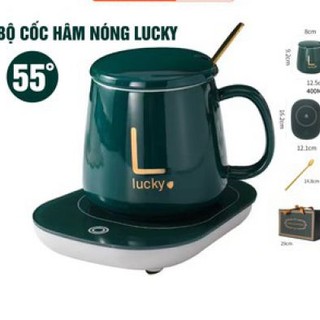 Bộ máy hâm nóng đồ uống giữ 55 độ gồm đế máy và cốc tráng sứ kèm thìa, máy hâm nóng sữa cafe, cà phê, đồ ăn