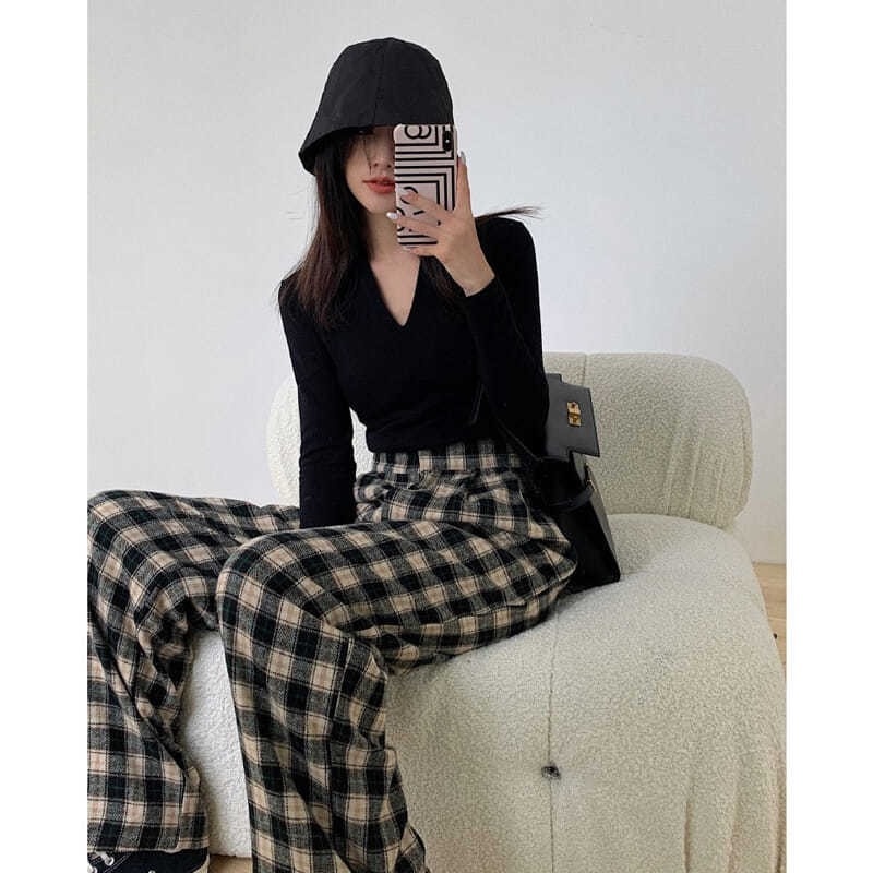 Quần Dài Ống Rộng Họa Tiết Caro Thời Trang Nữ