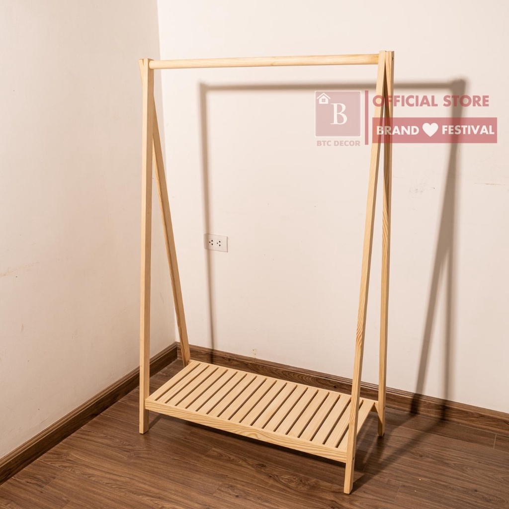 Giá Treo Quần Áo Gỗ Thông 1 Tầng BTC DECOR - Màu Sắc Tự Nhiên, Kích Thước 150 X 82 X 35 cm - BH 12 Tháng