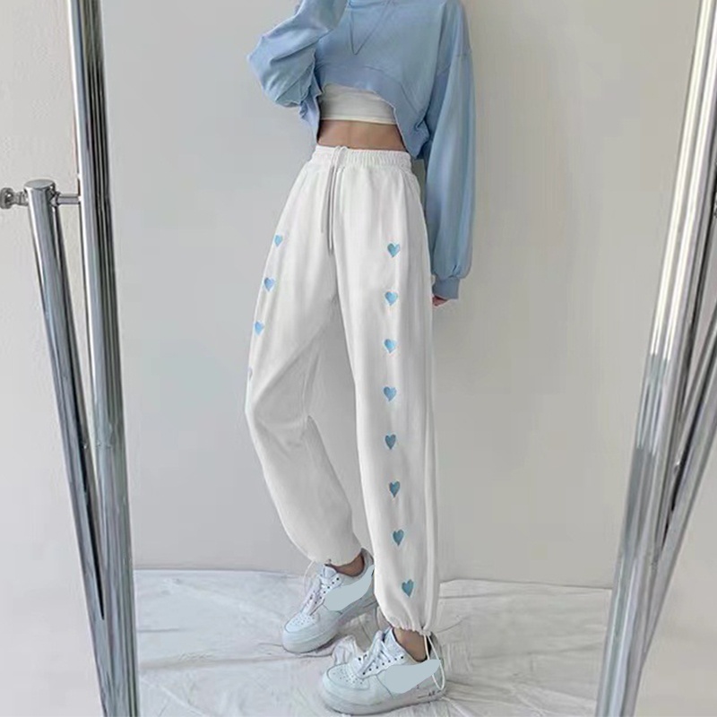 Quần Jogger Ống Rộng Lưng Cao Thêu Họa Tiết Trái Tim Xinh Xắn Cho Nữ