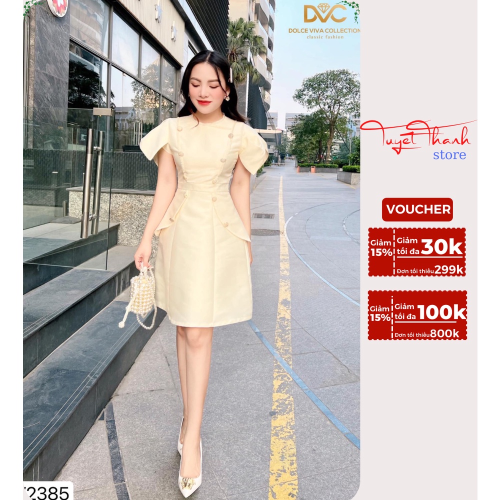 Váy Kem Dáng Xòe Đính Khuy Chất Tafta Cao Cấp TuyetThanhstore Mã V2385