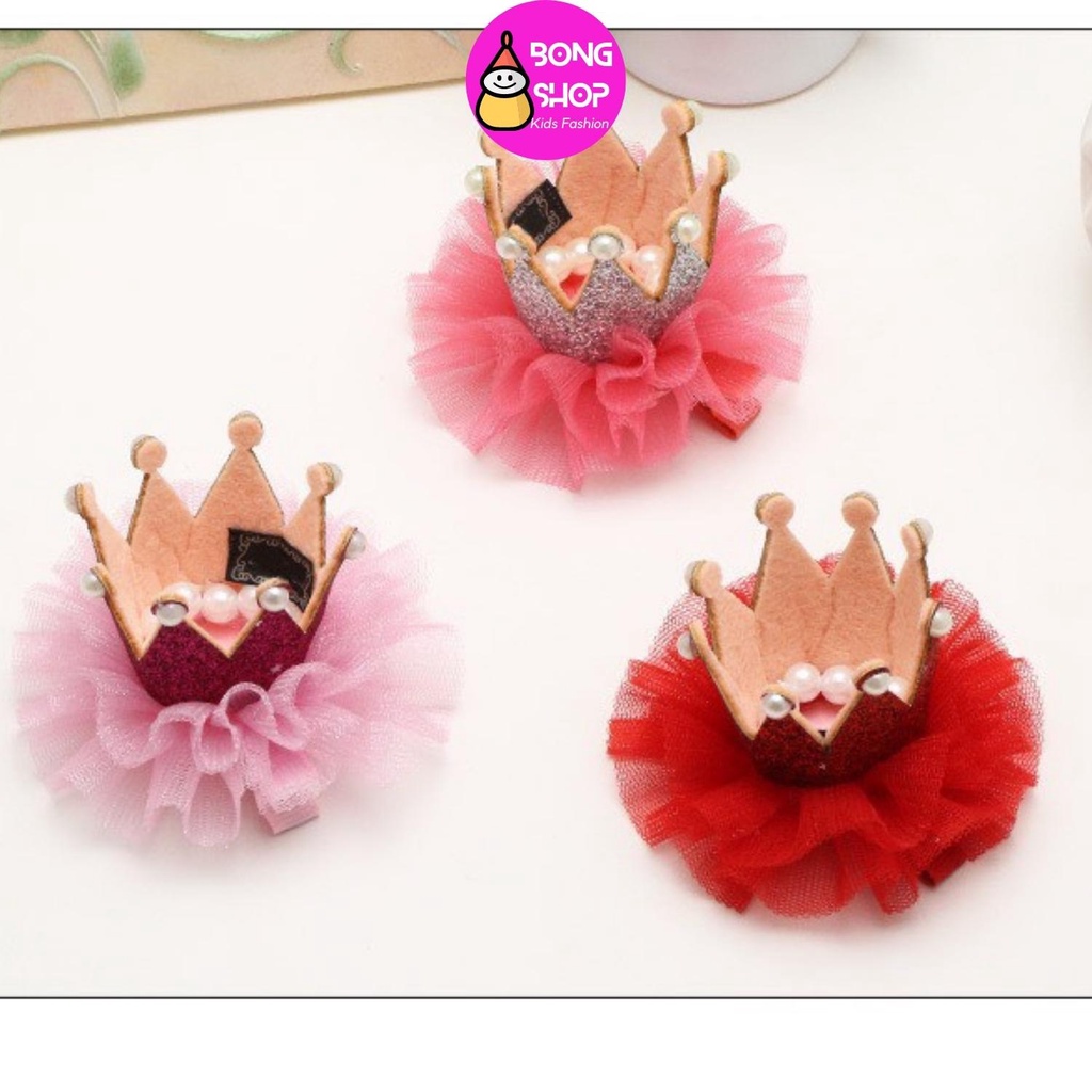 Kẹp tóc bé gái hình vương miện công chúa phủ kim tuyến viền ren, turban, cặp tóc cho bé