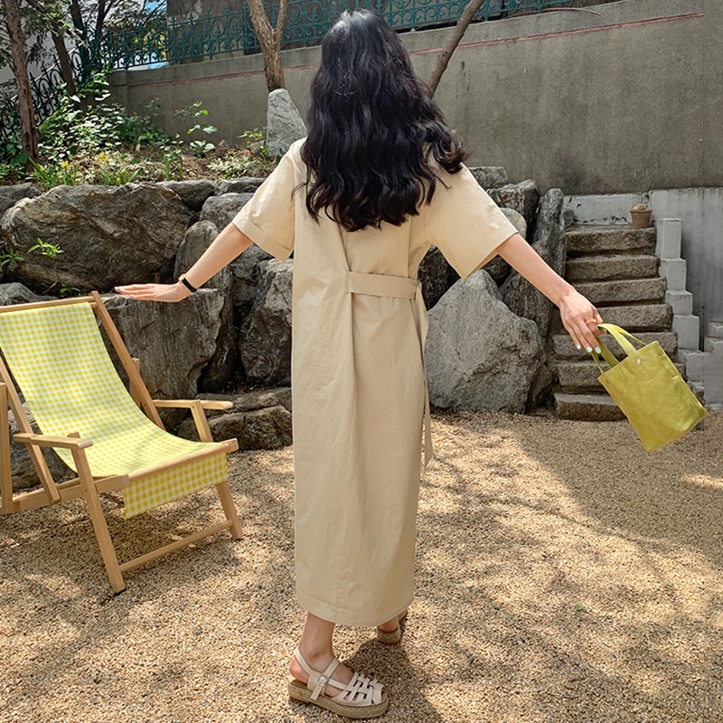 Váy vải thô cộc tay suông rộng dài thiết kế gài đai lưng 1 nửa eo style vintage Hàn Quốc