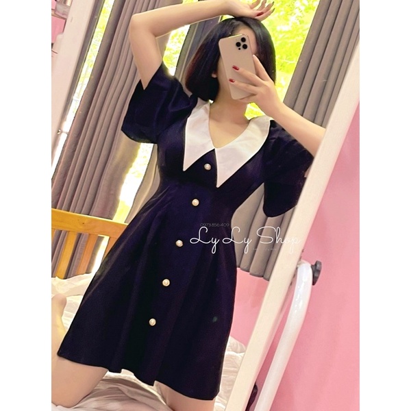 Đầm đen phối cổ trắng peter kết nút ( có bigsize)