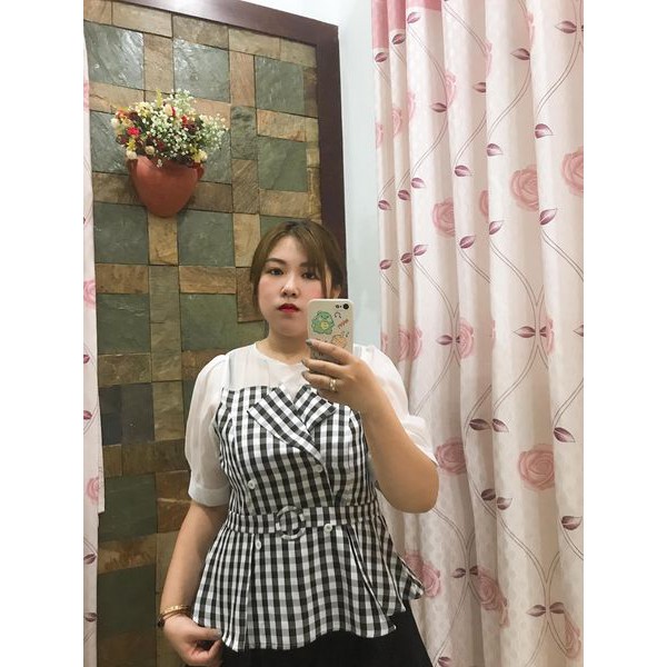 Áo Kiểu Peplum Caro Phối Tơ Cho Người Béo Bụng