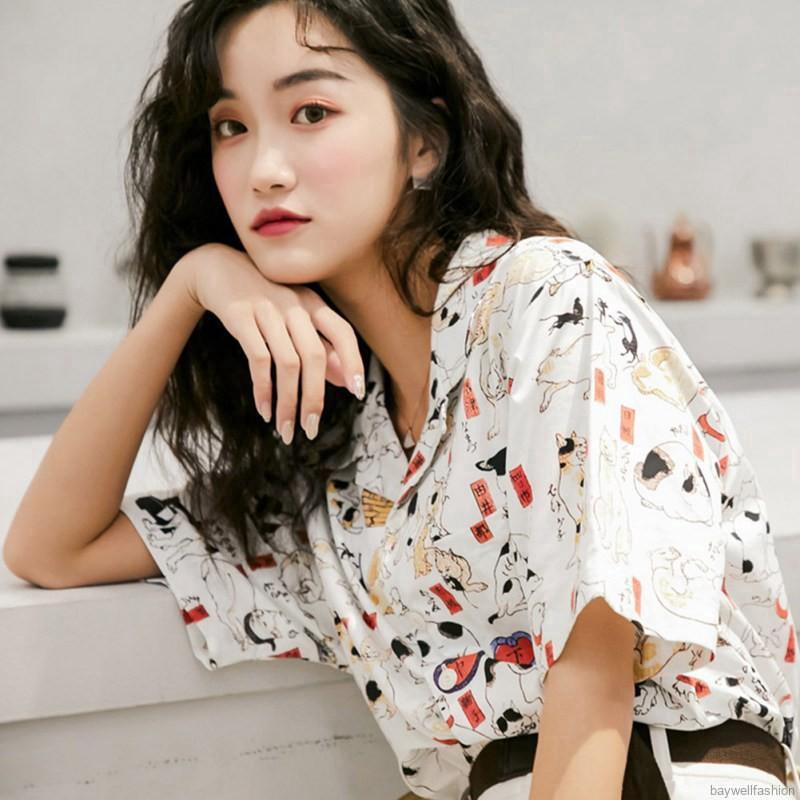 Áo sơ mi tay ngắn hoạ tiết mèo phong cách vintage | BigBuy360 - bigbuy360.vn