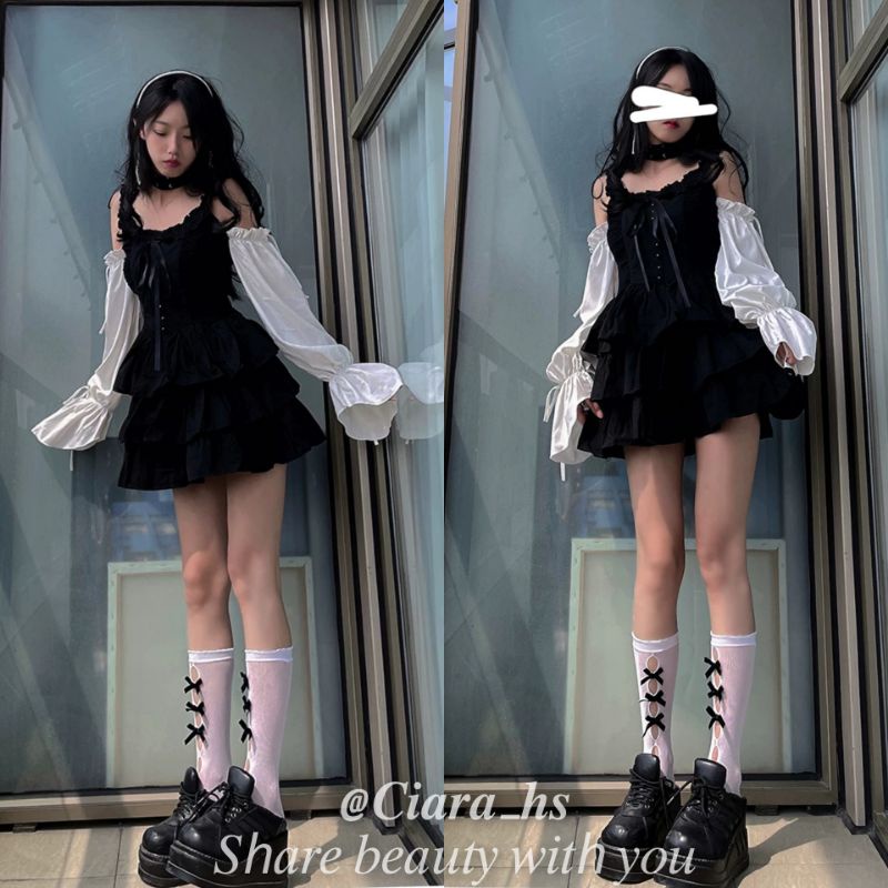 Set váy áo Gothic Lolita hai dây trễ vai thắt nơ dạng tầng ôm body dáng xòe