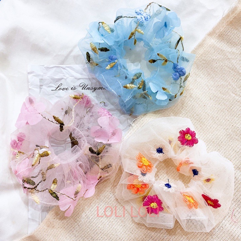 Scrunchies cột tóc hoa thêu nổi phong cách Hàn quốc. cột tóc dây hoa tiểu thư dễ thương LOLI