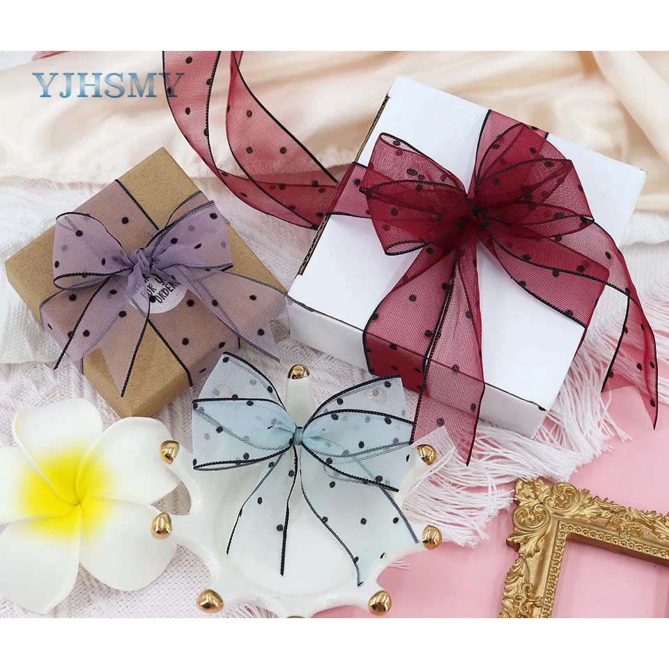 Ruy Băng Voan Chấm Bi Nhỏ Viền Đen (1 mét)