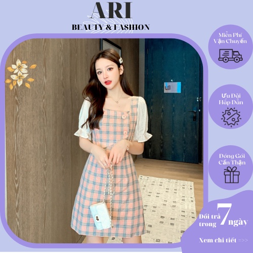 Đầm cổ vuông thiết kế caro tay bồng đi chơi, đi đám cưới, Váy thanh lịch thiết kế midi siêu xinh