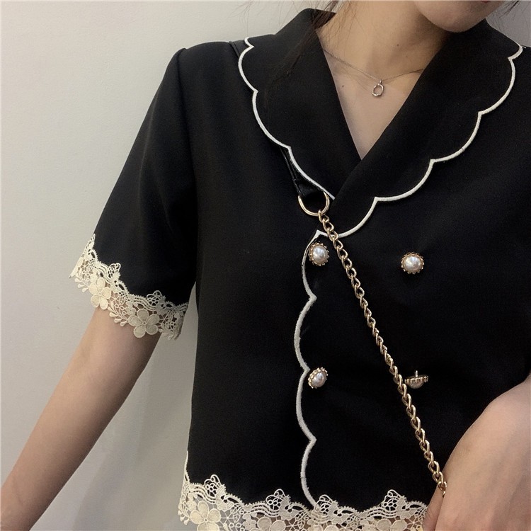 IELGY   Áo Sơ Mi Ngắn Tay Phối Ren Phong Cách Pháp Cổ Điển Thiết Kế Mới 2020 Dành Cho Bạn Nữ