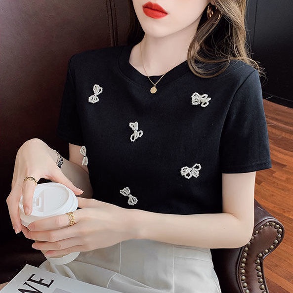 Áo thun nữ BH tay ngắn cổ tròn đính hạt cườm phong cách Hàn Quốc