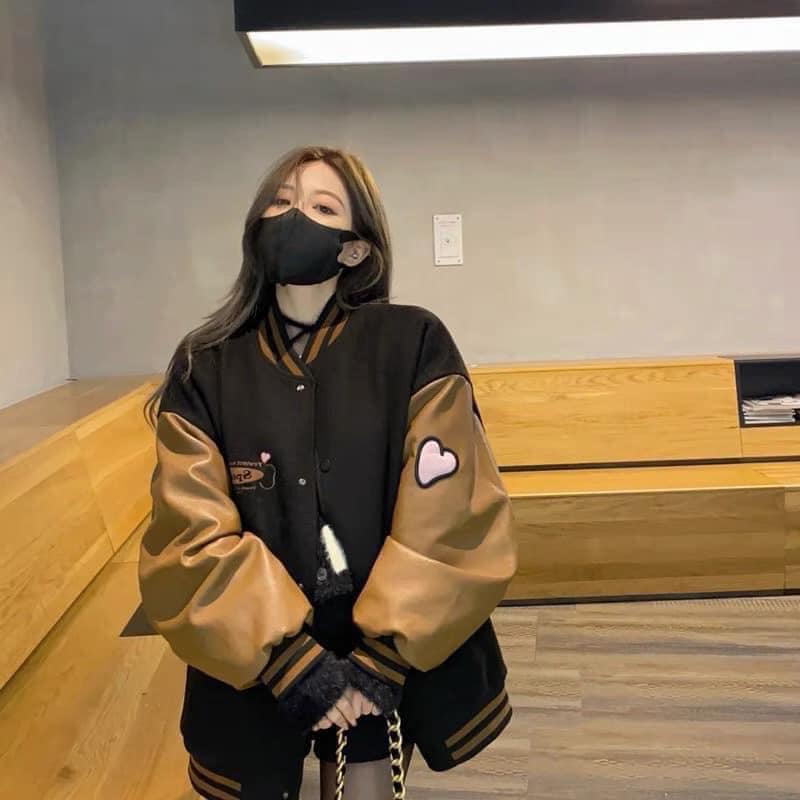 áo khoác bomber nhung in chữ A form dáng rộng unisex nam nữ mặc được màu nây tây siêu tôn da phong cách hàn quốc