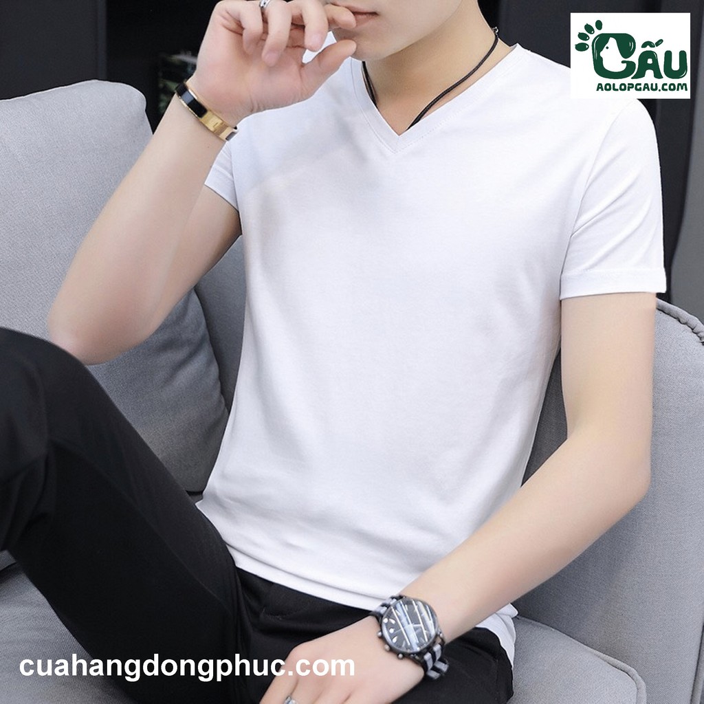 Áo cổ tim Gấu 194 trơn vải coton dày dặn, co dãn, form slìmfit | BigBuy360 - bigbuy360.vn