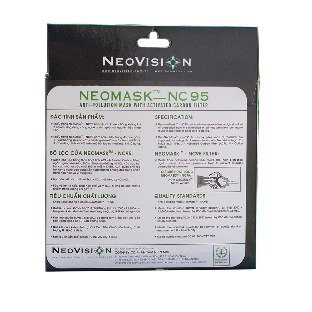 Khẩu trang than hoạt tính NeoVision NeoMask NC95 chuẩn N95-Chống bụi siêu mịn PM2.5, lọc khuẩn BFE >95%, tái sử dụng