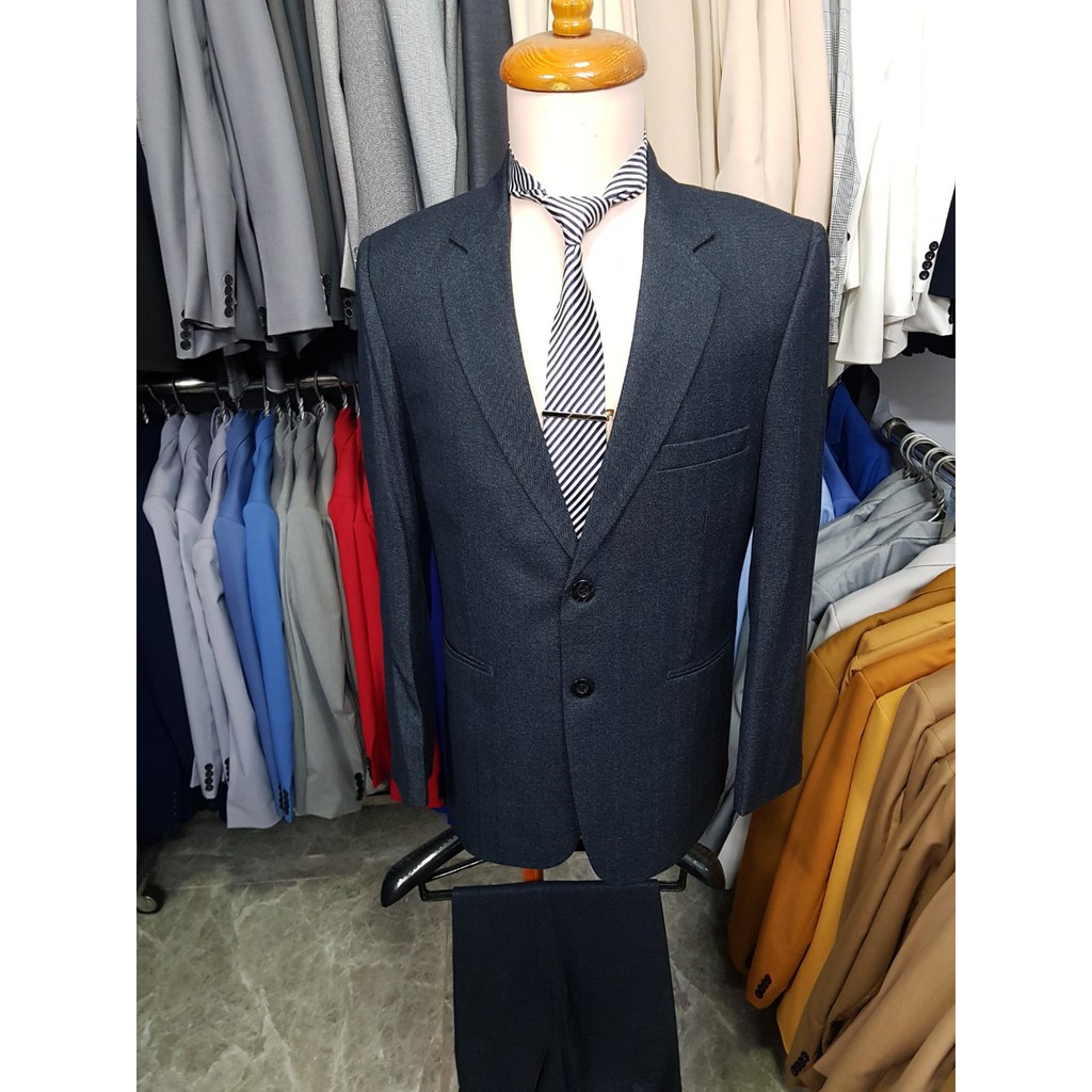 Bộ vest nam 2 nút màu xanh đen form suông tặng kèm cà vạt kẹp