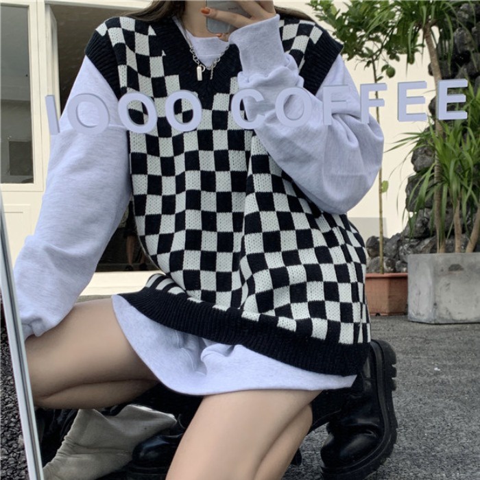 Áo dệt kim không tay cổ chữ V dáng rộng họa tiết sọc caro thời trang dành cho nữ