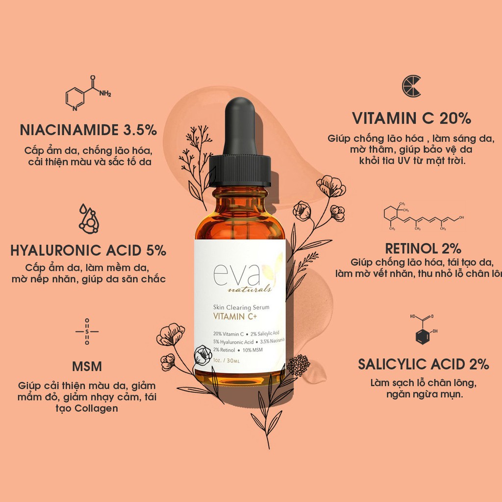 Serum Trắng Da, Mờ Thâm, Chống Lão Hóa, Giảm Mụn Eva Naturals Vitamin C Plus 30ml