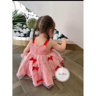 Váy kẻ phối ren nơ đỏ bé gái