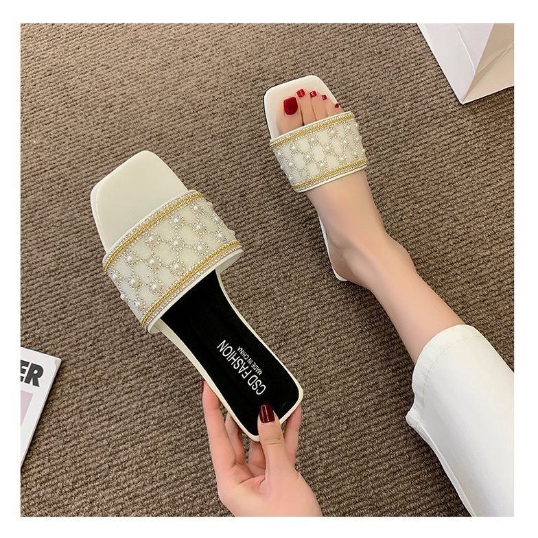 Dép bệt quai ngang đính ngọc màu trắng + đen nổi bật đế cao su dẻo chống trơn trượt đi êm chân - Mã DL06