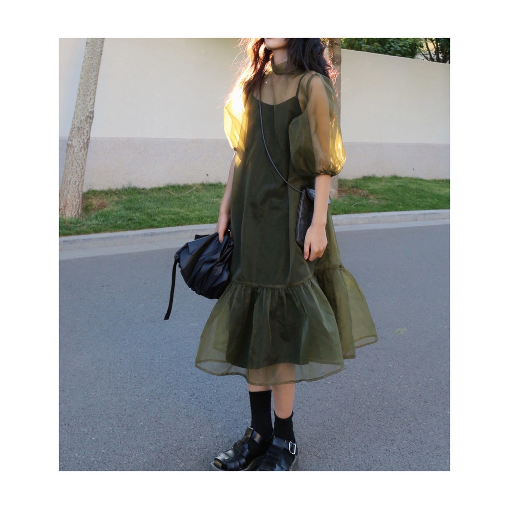 Đầm phối lưới phồng màu xanh lá size lớn thời trang mùa hè châu Âu dành cho nữ