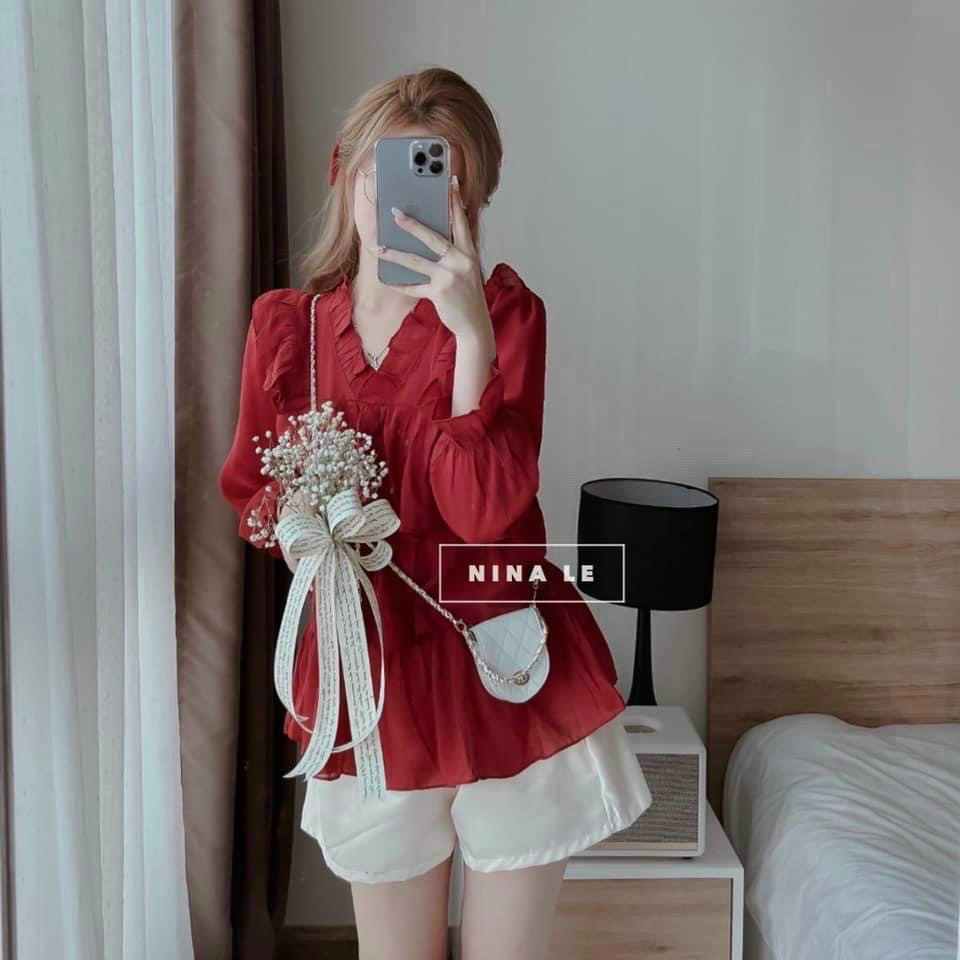 Sét bộ đồ nữ bánh bèo áo 3 tầng xinh phối quần for 2 màu xanh và đỏ mặc tôn da