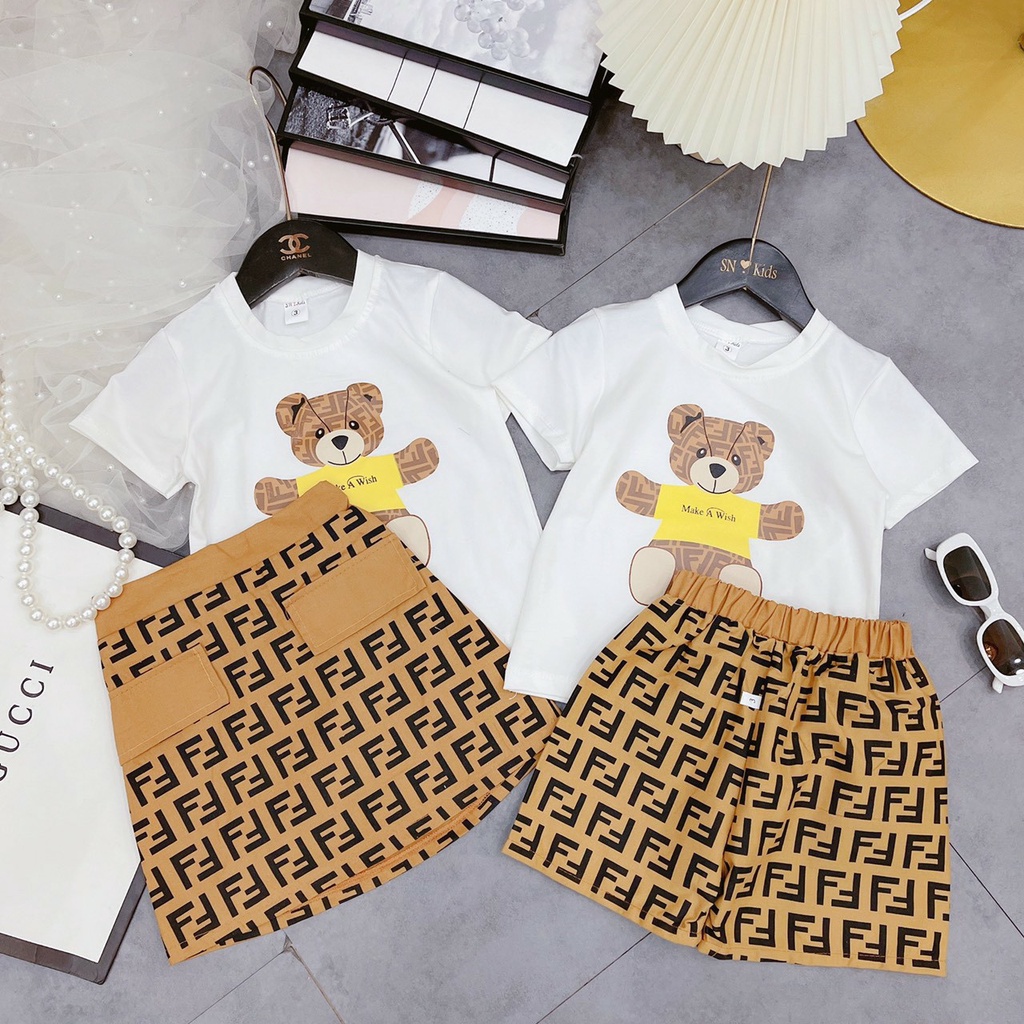 Bộ quần áo bé trai, Set áo phông ngắn tay hình gấu và quần đùi short chữ F du lịch mùa hè cho bé 7 - 18 kg, SUN KID'S