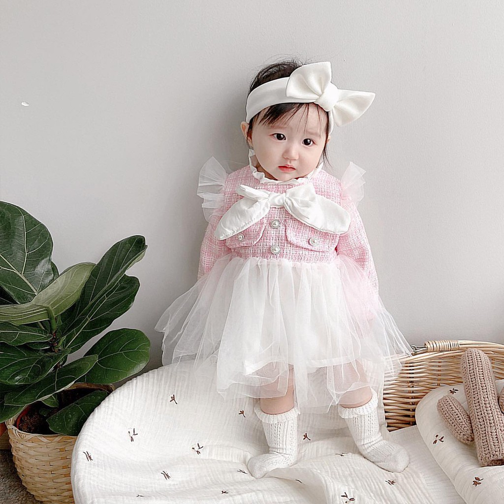 váy dài tay dạ hồng tiểu thư cho bé gái